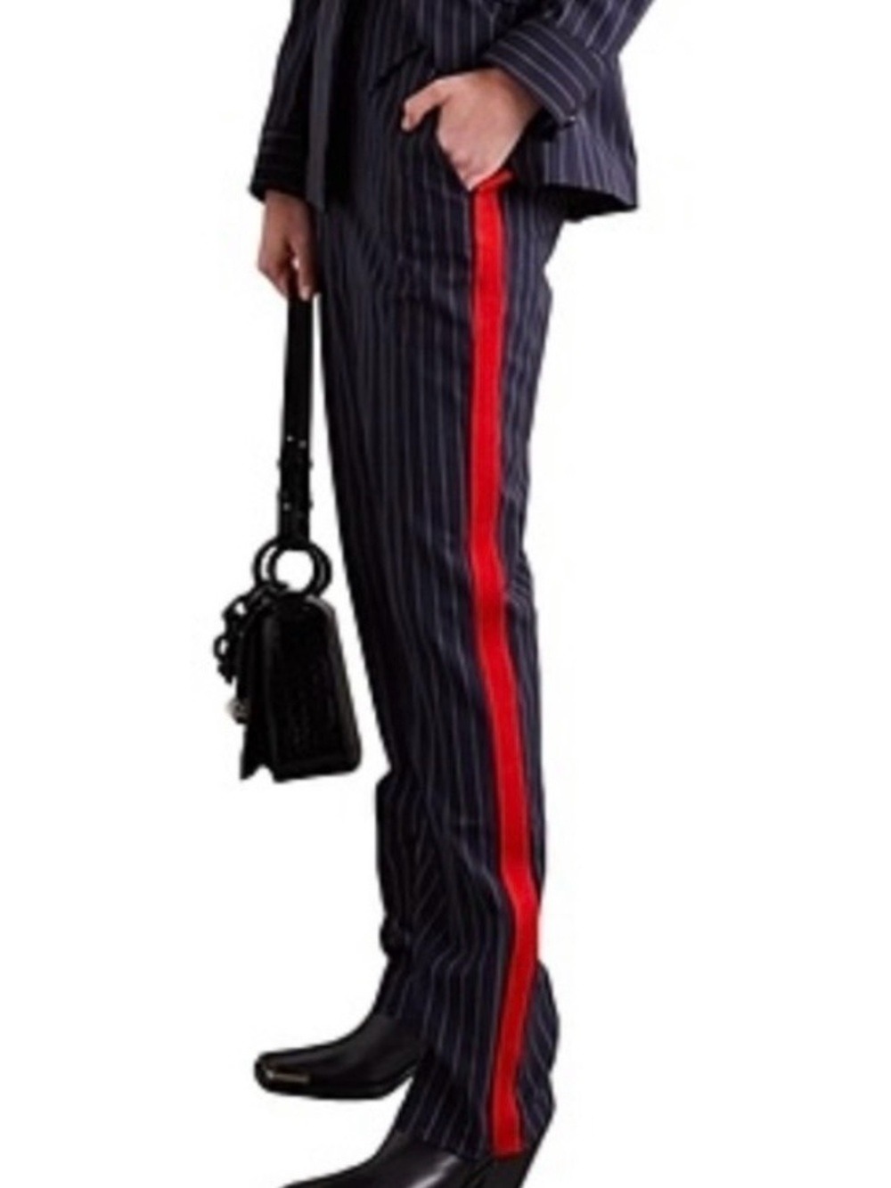 Urban Outfitters Navy and White Pinstripe Trousers with Red Side Stripe Size M